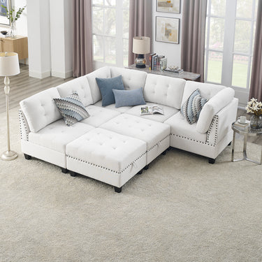 L shape Modular Sectional Sofa,DIY Combination,includes Three Single Chair ,Two Corner and Two Ottoman,Ivory ChenilleMUTUKISPACE