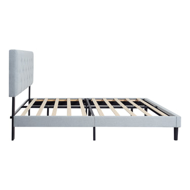Twin Size Upholstered Platform Bed Frame with Modern Button Tufted Linen Fabric Headboard, No Box Spring Needed, Wood Slat Support, Easy Assembly, GreyMUTUKISPACE