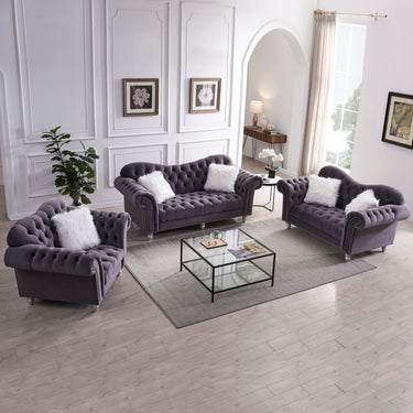 3 Piece Living Room Sofa Set, including 3 - Seater Sofa, Loveseat and Sofa Chair, with Button and Copper Nail on Arms and Back, Five White Villose Pillow, Grey.MUTUKISPACE