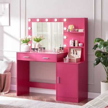 Vanity Desk with Mirror and Lights, 46.4IN Dressing Table with 2 Large Drawer&Large Vertical Organizer, 3 Level Dresser & 3 Lighting Modes Adjustable Brightness, Suitable for Bedroom(Rose Pink)MUTUKISPACE