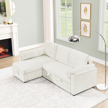 Corduroy Tufted Upholstered Sleeper Sectional Sofa, L - Shaped Modular Convertible Sofa with Storage Chaise, Pull Out Sleep Couch Bed and Reclining Backrest Perfect for Living Space, BeigeMUTUKISPACE