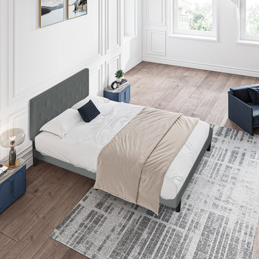 Queen Size Upholstered Platform Bed Frame with Modern Button Tufted Linen Fabric Headboard, No Box Spring Needed, Wood Slat Support, Easy Assembly, Dark GreyMUTUKISPACE