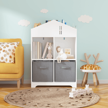Kids Dollhouse Bookcase with Storage, 2 - Tier Storage Display Organizer, Toddler Bookshelf with 2 Collapsible Fabric Drawers for Bedroom or Playroom (White/Gray)MUTUKISPACE