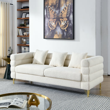 81 Inch Oversized 3 Seater Sectional Sofa, Living Room Comfort Fabric Sectional Sofa - Deep Seating Sectional Sofa, Soft Sitting with 3 Pillows for Living Room,Bedroom,White teddy(Ivory)(W834S00036)MUTUKISPACE