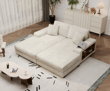 Modern Convertible Corduroy Sleeper Sofa with Lounge Chair, Oversized Beige Sofa for Living RoomMUTUKISPACE