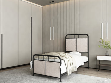 Twin Size Linen Upholstered Platform Metal Bed Frame with fabric Headboard and FootboardMUTUKISPACE