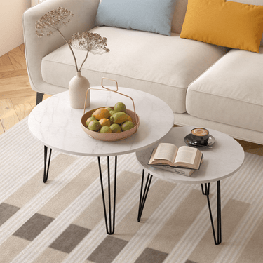 27.56'' Round Nesting Coffee Table Set of 2, Circular Nesting End Table Set, Round Marble Tabletop, and Sturdy Metal Base for Living Room, bedroom, WhiteMUTUKISPACE