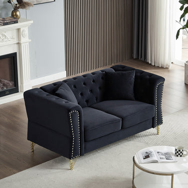 60.2" Chesterfield Sofa Beige Velvet for Living Room, 2 Seater Sofa Tufted Couch with Metal Foot and Nailhead for Living Room, Bedroom, Office, Apartment, two pillowsMUTUKISPACE