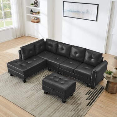 Sectional 3 - Seaters Sofa , reversible recliner, Storage pad and wood grain cup holder, Non - slip leg, pu, blackMUTUKISPACE
