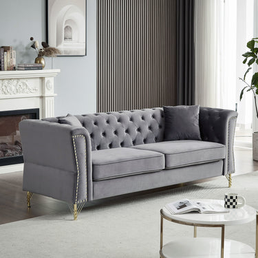 81.8" Chesterfield Sofa Grey Velvet for Living Room, 3 Seater Sofa Tufted Couch with metal foot and Nailhead for Living Room, Bedroom, Office, Apartment, two pillowsMUTUKISPACE