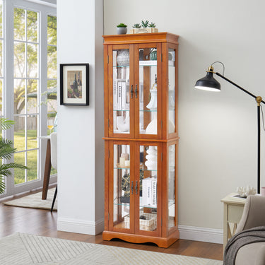 Oak Lighted Glass Curio Cabinet, Wood Frame Display and Wine Storage Cabinet with Bulb Included, for Living Room, Kitchen, or PantryMUTUKISPACE