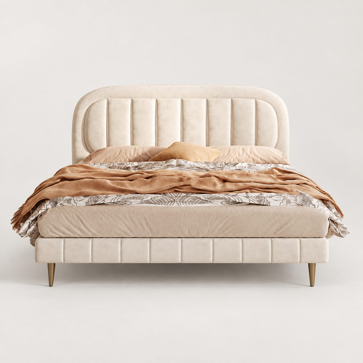 Rounded Channel Upholstered Bed — studio presentation with AI-edited background