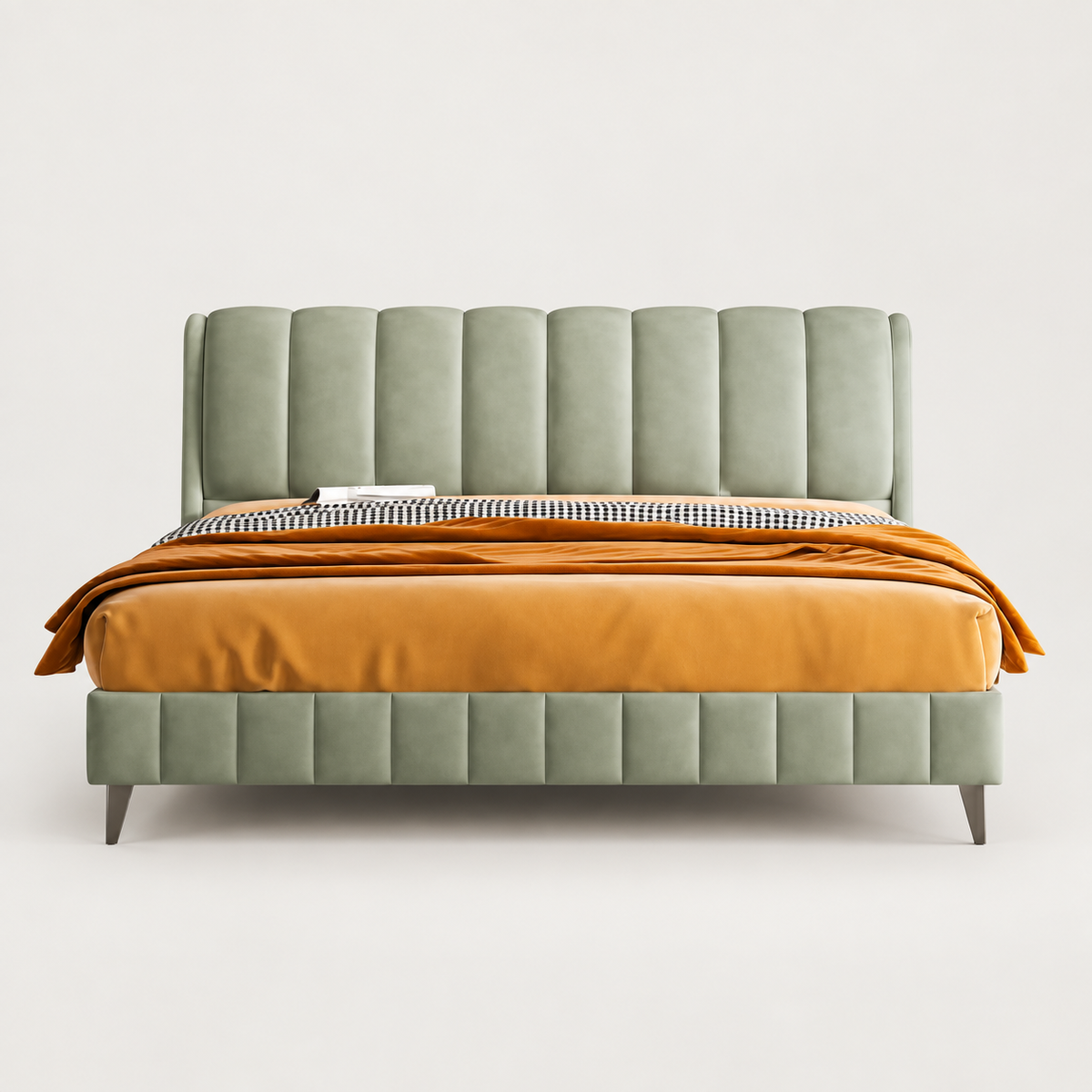 Channel Upholstered Bed with Metal Legs — studio presentation with AI-edited background
