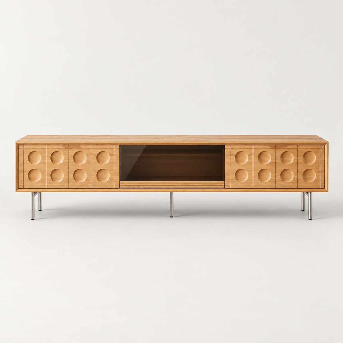 Beech & Glass TV Stand — studio presentation with AI-edited background