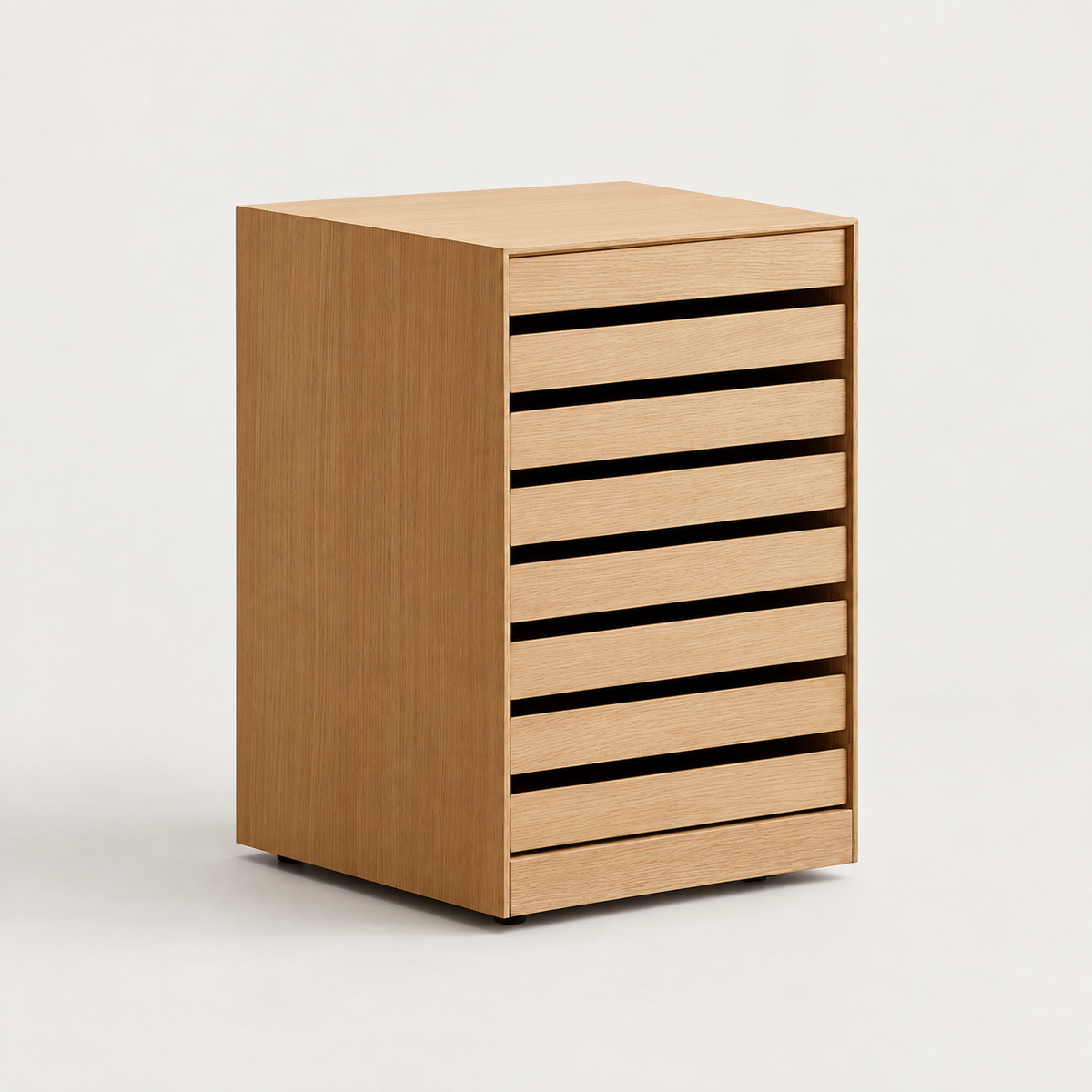 Rolling Oak File Cabinet — studio presentation with AI-edited background