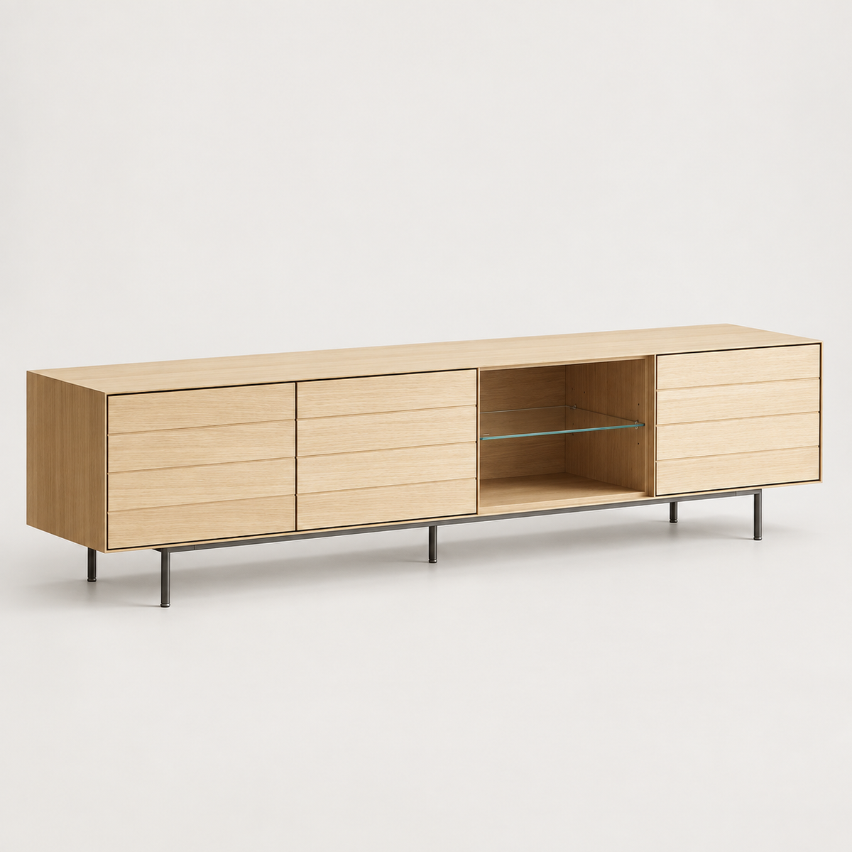 Oak TV Stand with Open Shelf — studio presentation with AI-edited background