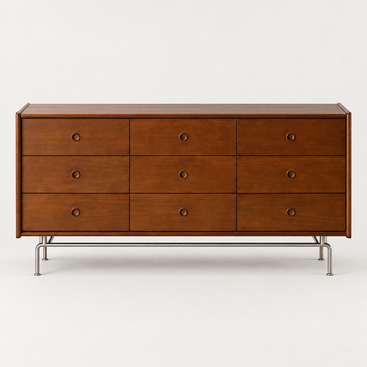 Nine-Drawer Wood Cabinet — studio presentation with AI-edited background