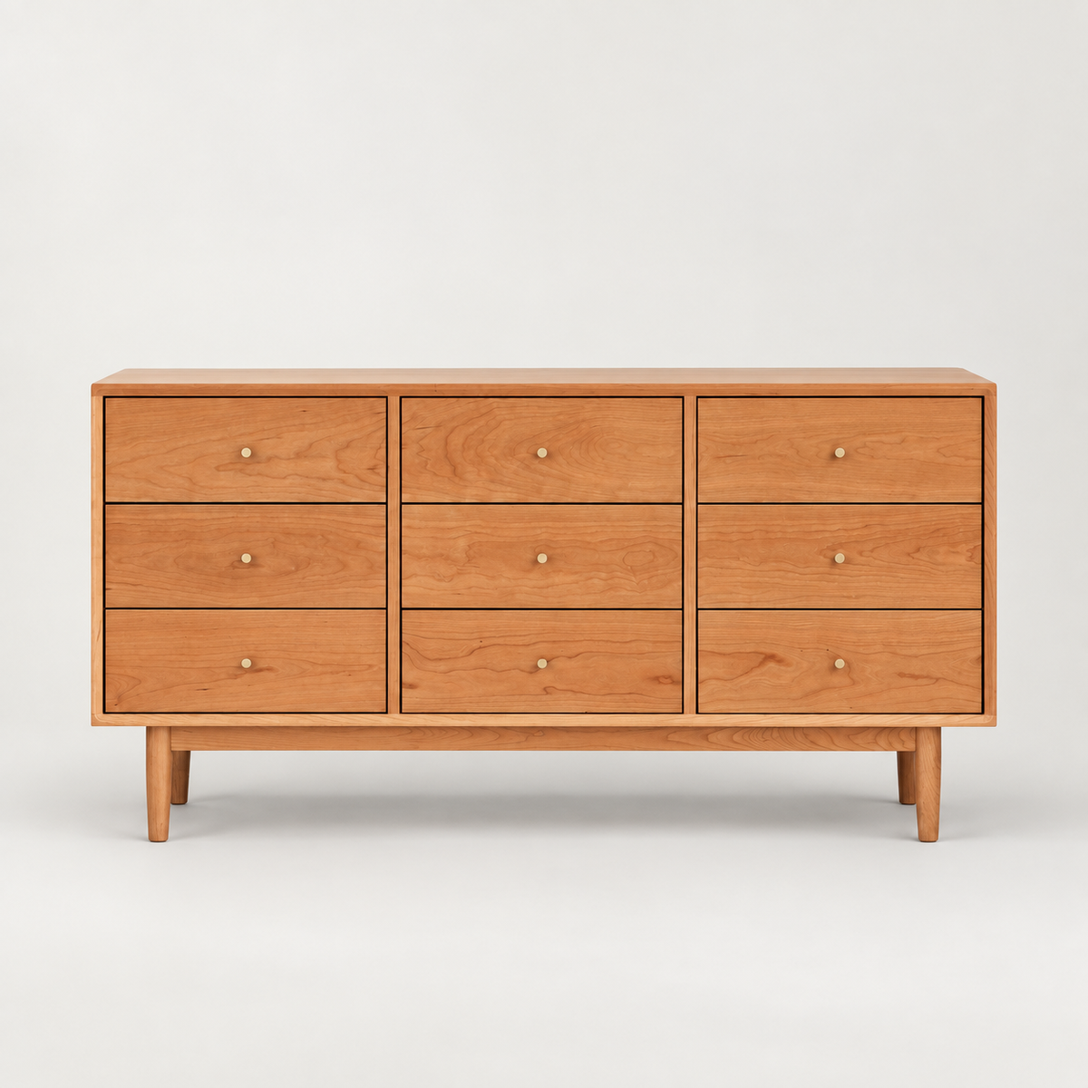 Nine-Drawer Wood Dresser — studio presentation with AI-edited background