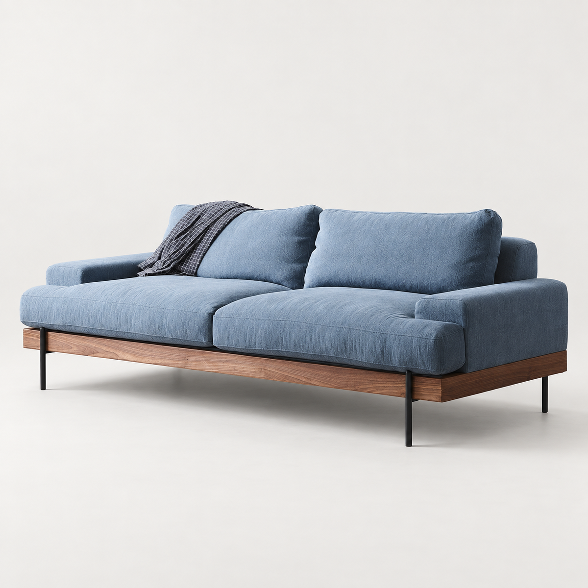 Wood-Frame Upholstered Sofa — studio presentation with AI-edited background