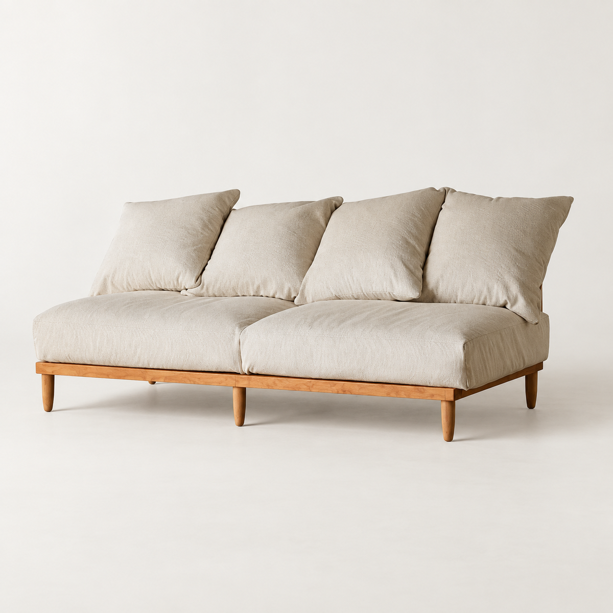 Cherry Wood Modular Sofa — studio presentation with AI-edited background