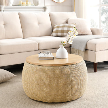 Round Storage Ottoman, 2 in 1 Function, Work as End table and Ottoman, Natural (25.5"x25.5"x14.5")MUTUKISPACE