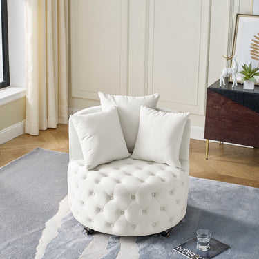Velvet Upholstered Swivel Chair for Living Room, with Button Tufted Design and Movable Wheels, Including 3 Pillows, BeigeMUTUKISPACE