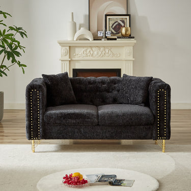 60 - Inch Chenille Pull Buckle Design Sofa for Living Room,Buttons Tufted With Copper Nail Decoration Armrest, Modern Couch Upholstered Button And Metal LegsMUTUKISPACE