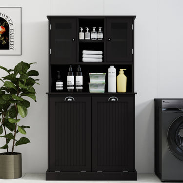 Two - Compartment Tilt - Out Dirty Laundry Basket Tall Bathroom Cabinet with 2 Adjustable Shelves - BlackMUTUKISPACE