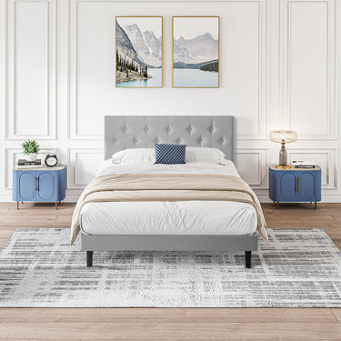 Queen Size Upholstered Platform Bed Frame with Modern Button Tufted Linen Fabric Headboard, No Box Spring Needed, Wood Slat Support, Easy Assembly, GreyMUTUKISPACE