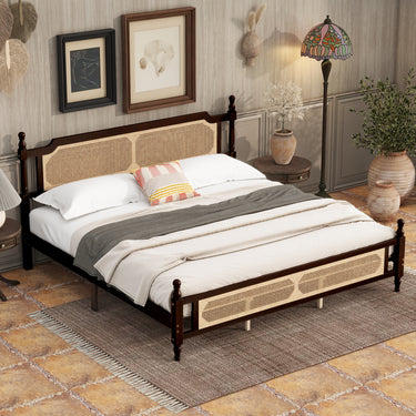 King Pine Wood Bed Frame with Rattan Headboard & Footboard and Reinforced Platform Base in Espresso FinishMUTUKISPACE