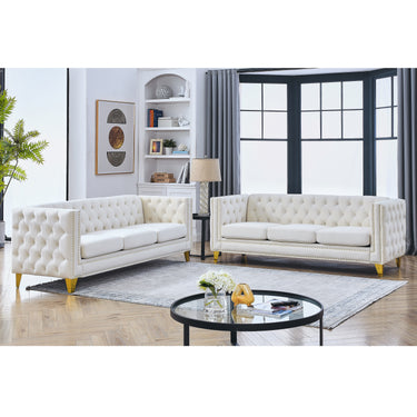 Velvet Sofa for Living Room,Buttons Tufted Square Arm Couch, Modern Couch Upholstered Button and Metal Legs, Sofa Couch for Bedroom, Beige Velvet ,2PCSMUTUKISPACE