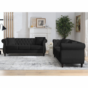 80" Chesterfield Sofa Black Velvet for Living Room, 3 Seater Sofa Tufted Couch with Rolled Arms and Nailhead for Living Room, Bedroom, Office, Apartment, 3S With 3SMUTUKISPACE