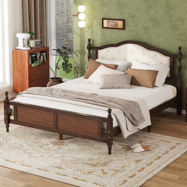Queen Pine Wood Bed Frame with Upholstered Headboard, Panel Footboard & Reinforced Platform SupportMUTUKISPACE