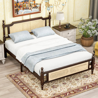 Queen Pine Wood Bed Frame with Rattan Headboard & Footboard and Reinforced Platform BaseMUTUKISPACE