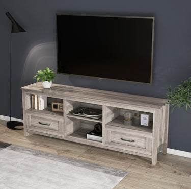 70.08 Inch Length TV Stand for Living Room and Bedroom, with 2 Drawers and 4 High - Capacity Storage Compartment, Grey WalnutMUTUKISPACE