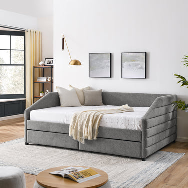 Queen Size Daybed with Two Drawers Trundle Upholstered Tufted Sofa Bed, Linen Fabric, Grey (88"x64.5"x34")MUTUKISPACE