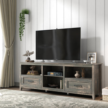 70 Inch Length TV Stand for Living Room and Bedroom, with 2 Drawers and 4 High - Capacity Storage Compartment, Black PineMUTUKISPACE