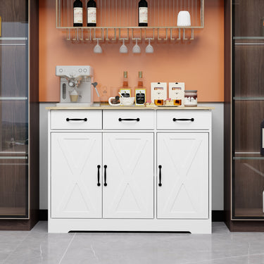 Farmhouse Buffet Cabinet Storage Sideboard with 3 Drawers and 3 Doors for Dining Living Room Kitchen Cupboard - WhiteMUTUKISPACE
