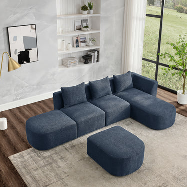 L Shape Sectional Sofa with Right Side Chaise and Ottoman, Modular Sofa, DIY Combination, Loop Yarn Fabric, NavyMUTUKISPACE