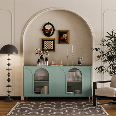 Accent Cabinet Lacquered Wooden Cabinet with 4 Glass Doors Sideboard Buffet Server Cabinet Storage Cabinet, for Living Room, Entryway, Hallway, Office, Kitchen and Dining Room, Mint GreenMUTUKISPACE