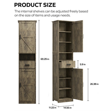69" H Tall Bathroom Storage Cabinet with 2 Barn Doors and 1 Drawer, Narrow Storage Unit, Adjustable Shelves,Floor Cabinet for Bathroom, Living Room, Entryway,Kitchen,(Grey)MUTUKISPACE