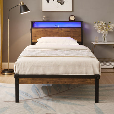 Twin Size Metal Platform Bed Frame with Wooden Headboard and Footboard with USB LINER, LED Lights ,No Box Spring Needed, Large Under Bed Storage, Easy AssembleMUTUKISPACE