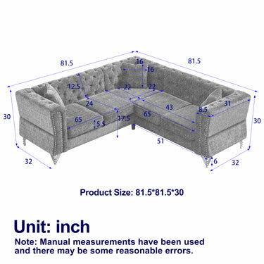 81.5 - Inch Chenille Corner Sofa , L - Shaped Sectional Couch, 5 - Seater Corner Sofas with 3 Cushions for Living Room, Bedroom, Apartment, OfficeMUTUKISPACE