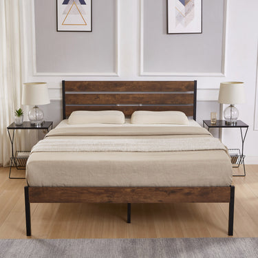Full Size Bed Frame with Wood Headboard, Metal Frame with Strong Slats, Noise Free,No Box Spring Needed - Brown.MUTUKISPACE