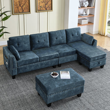 Sectional 3 - Seaters Sofa ,Double - sided multi - functional footstool, storage mat , Non - slip leg, two pillows, Velvet,Navy blueMUTUKISPACE