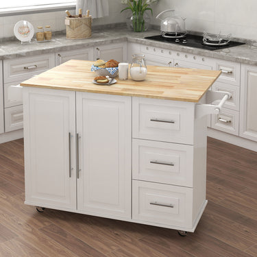 Kitchen Island with Spice Rack, Towel Rack and Extensible Solid Wood Table Top - WhiteMUTUKISPACE