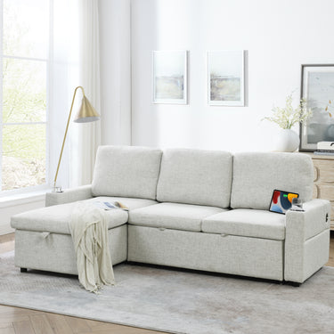 Linen Upholstered Sleeper Sectional Sofa, Shaped Modular Convertible Sofa with Storage Chaise,Side armrests with cup holders,Pull Out Sleep Couch Bed ,USB port on the right,BEIGEMUTUKISPACE