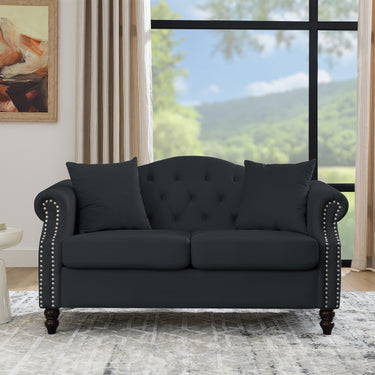 57" Chesterfield Sofa Black Velvet for Living Room, 2 Seater Sofa Tufted Couch with Rolled Arms and Nailhead for Living Room, Bedroom, Office, Apartment, two pillowsMUTUKISPACE
