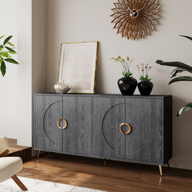 Modern Lacquered 4 Door Wooden Cabinet Sideboard Buffet Server Cabinet Storage Cabinet, for Living Room, Entryway, Hallway, Office, Kitchen and Dining Room, Distressed BlackMUTUKISPACE
