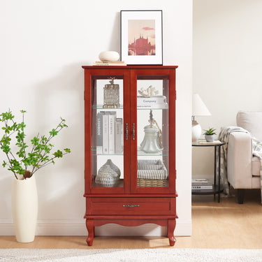 Cherry Lighted Glass Display Cabinet, Curio Wine Cabinet with Adjustable Glass Shelves, 2 Doors and 1 Drawer, Bulb IncludedMUTUKISPACE